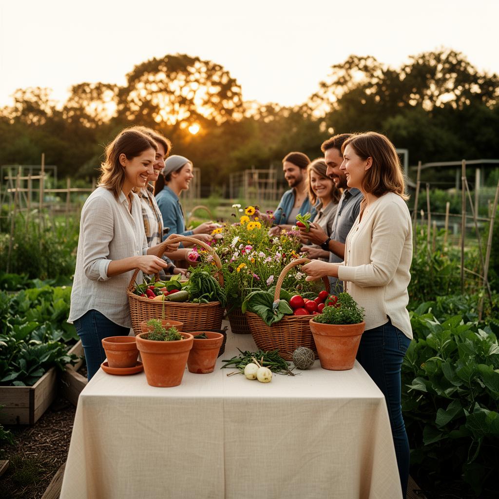 Club members gathered around a table of harvest at golden hour
